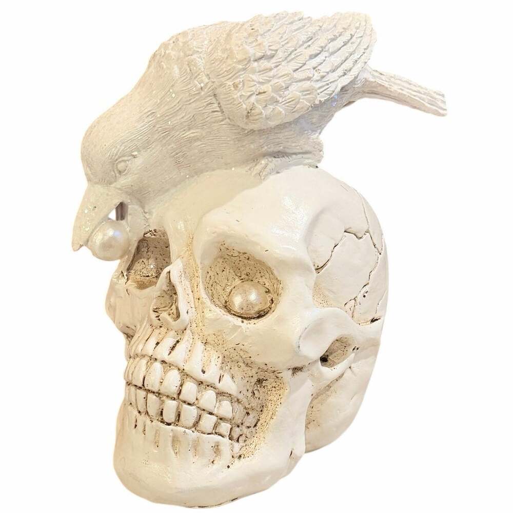 Halloween Gothic Bedazzled Pearl Raven Bird Lifesize Skull Skeleton Decor